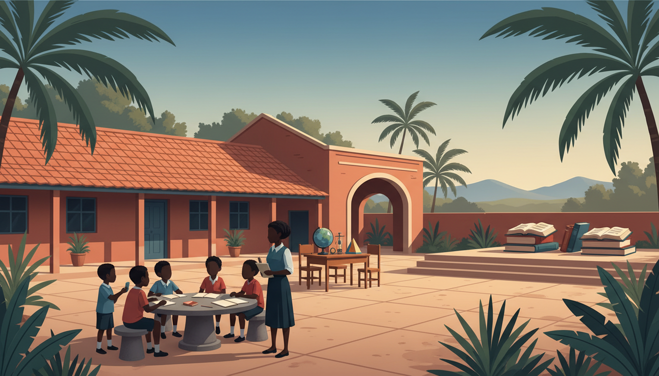 Original editorial illustration of primary classroom materials, a middle-school science lesson and a secondary study desk in an Angola-inspired setting; not a documentary photograph.