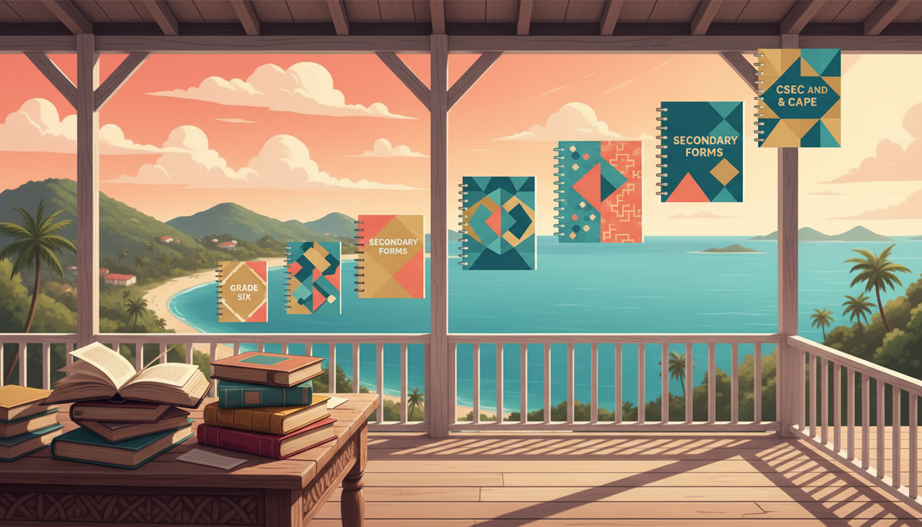 Original illustration representing Caribbean primary and secondary education and regional qualifications against an Antigua and Barbuda coastal school setting; not a photograph of an actual campus.