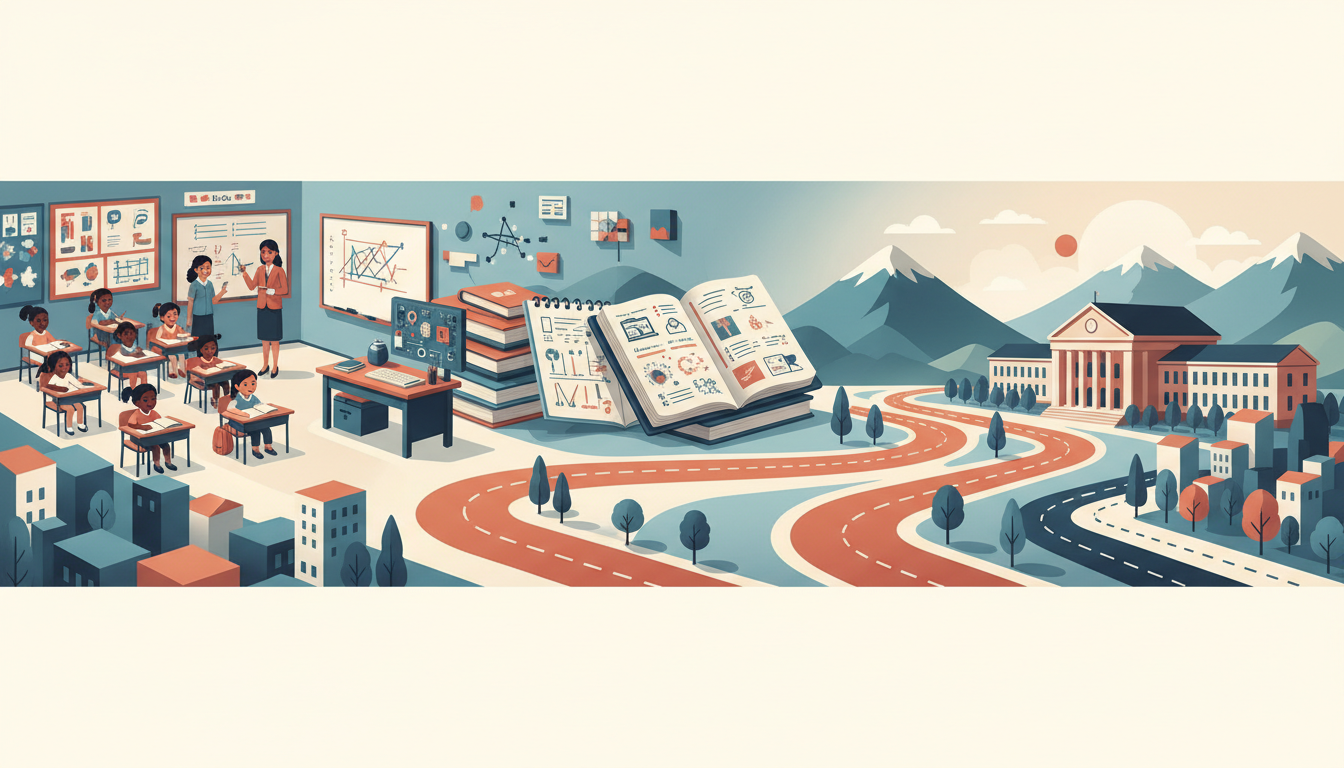 Original educational illustration showing provincial school pathways, a primary classroom, secondary subjects and university preparation in an Argentina-inspired city and countryside scene.