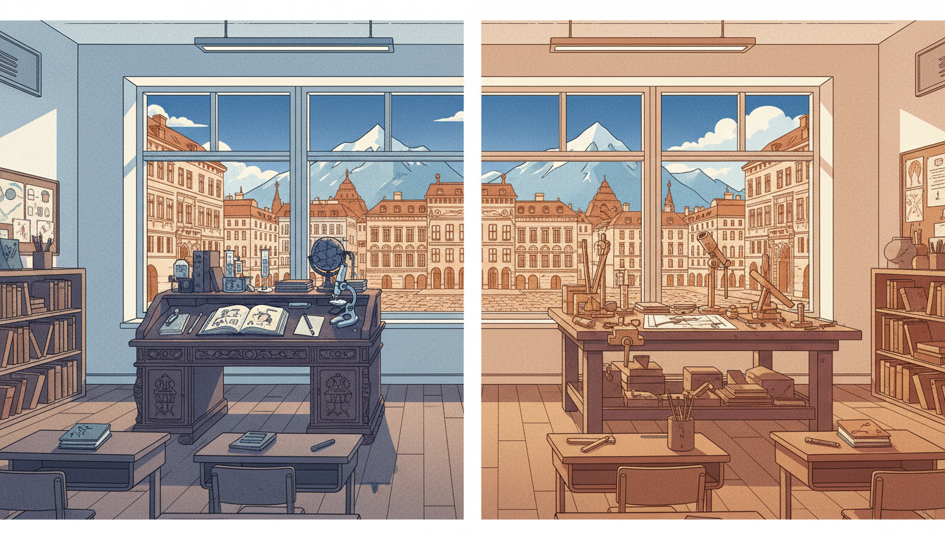 Original editorial illustration of Austrian primary classrooms, academic and vocational pathways and apprenticeships in an Alpine setting, not a real campus photograph.