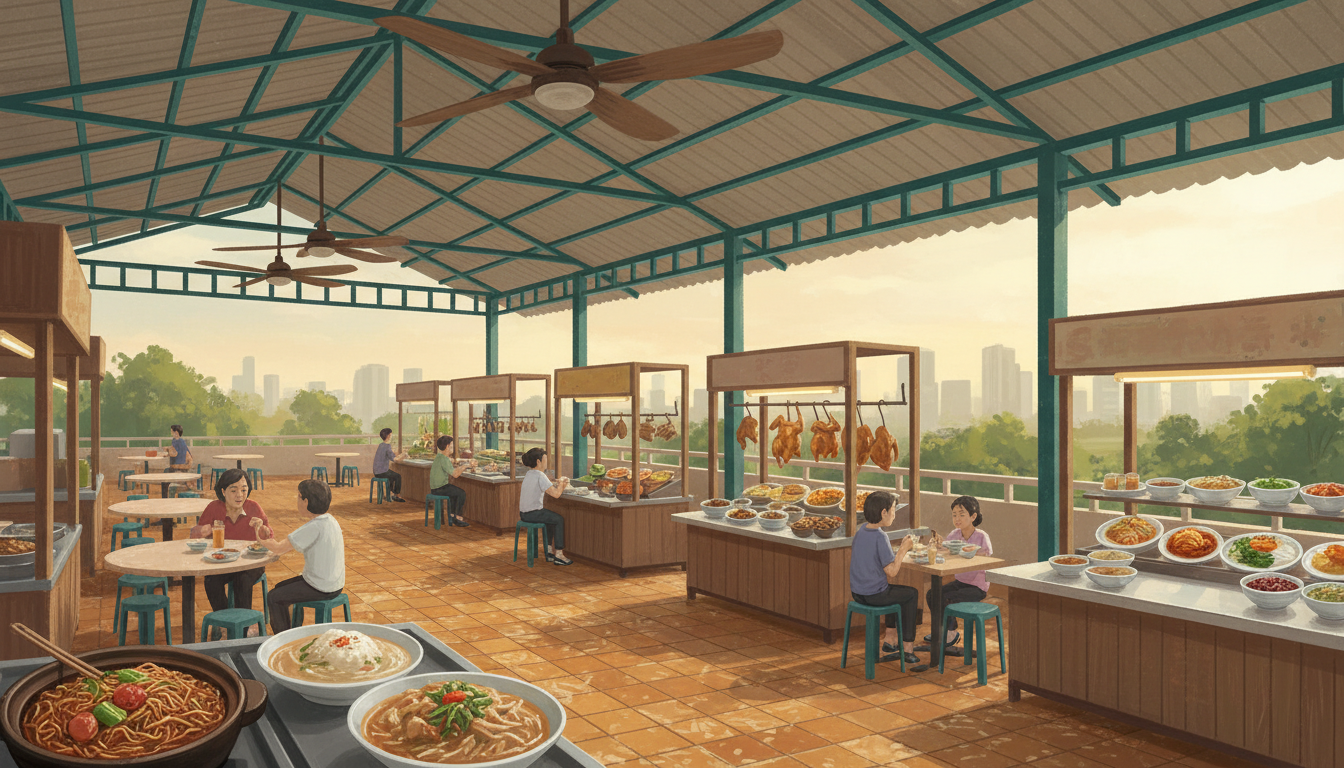 Original editorial illustration of a Singapore fourth-floor hawker food centre with noodle and dessert stalls and diners; a conceptual image, not a site photograph.