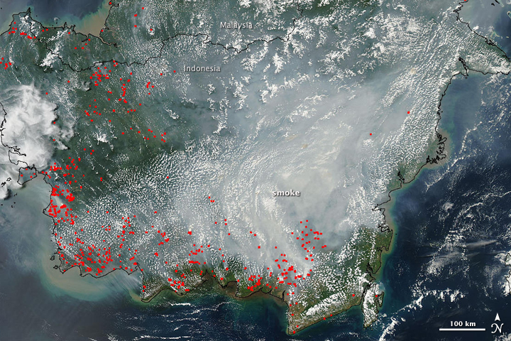 Historical NASA satellite image showing numerous fire hotspots and dense smoke on Borneo in September 2009