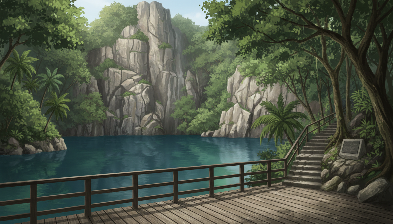 Original conceptual illustration inspired by Bukit Batok Nature Park with a flooded former granite quarry, quiet forest footpath and memorial steps. Not a photograph.