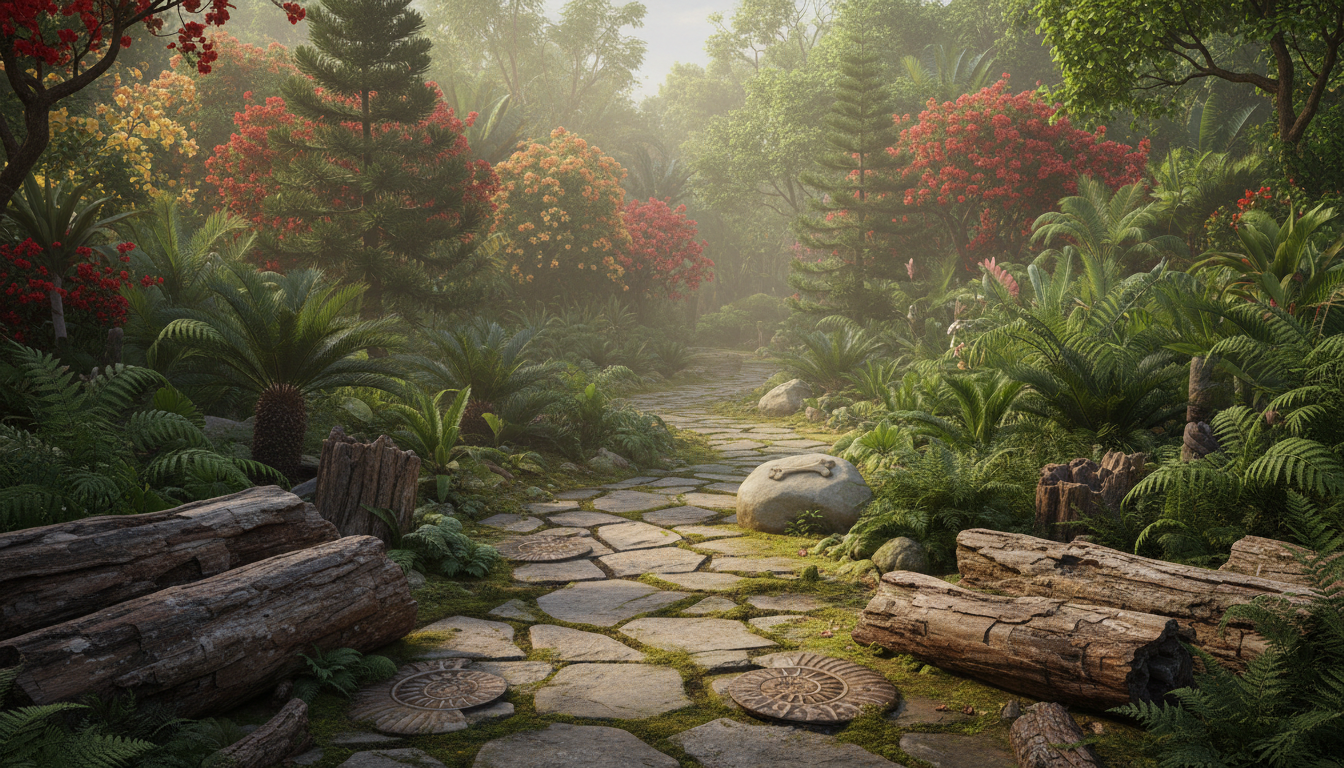 Conceptual editorial illustration of the Singapore Botanic Gardens Evolution Garden with ancient fossil-like trees, early mosses and fern plants, and a timeline-themed garden path; not a documentary photograph.