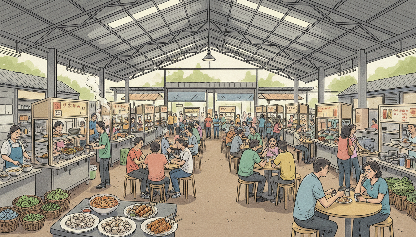 Original conceptual illustration of a contemporary Singapore hawker centre with families, food stalls and open-air tables; not a photograph of the Bukit Timah interim market.
