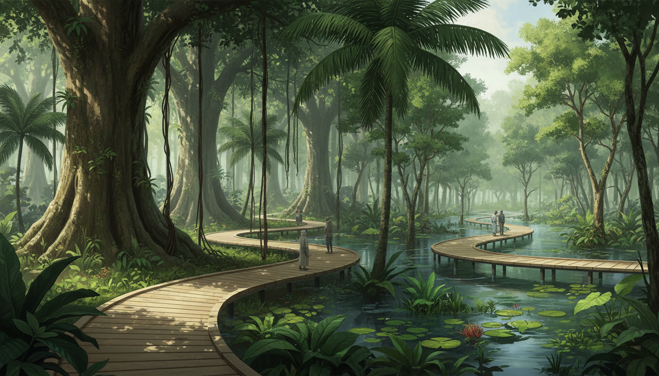 Original conceptual editorial illustration inspired by the Learning Forest's raised rainforest walkway and freshwater wetland boardwalk in Singapore Botanic Gardens; not a site photograph.