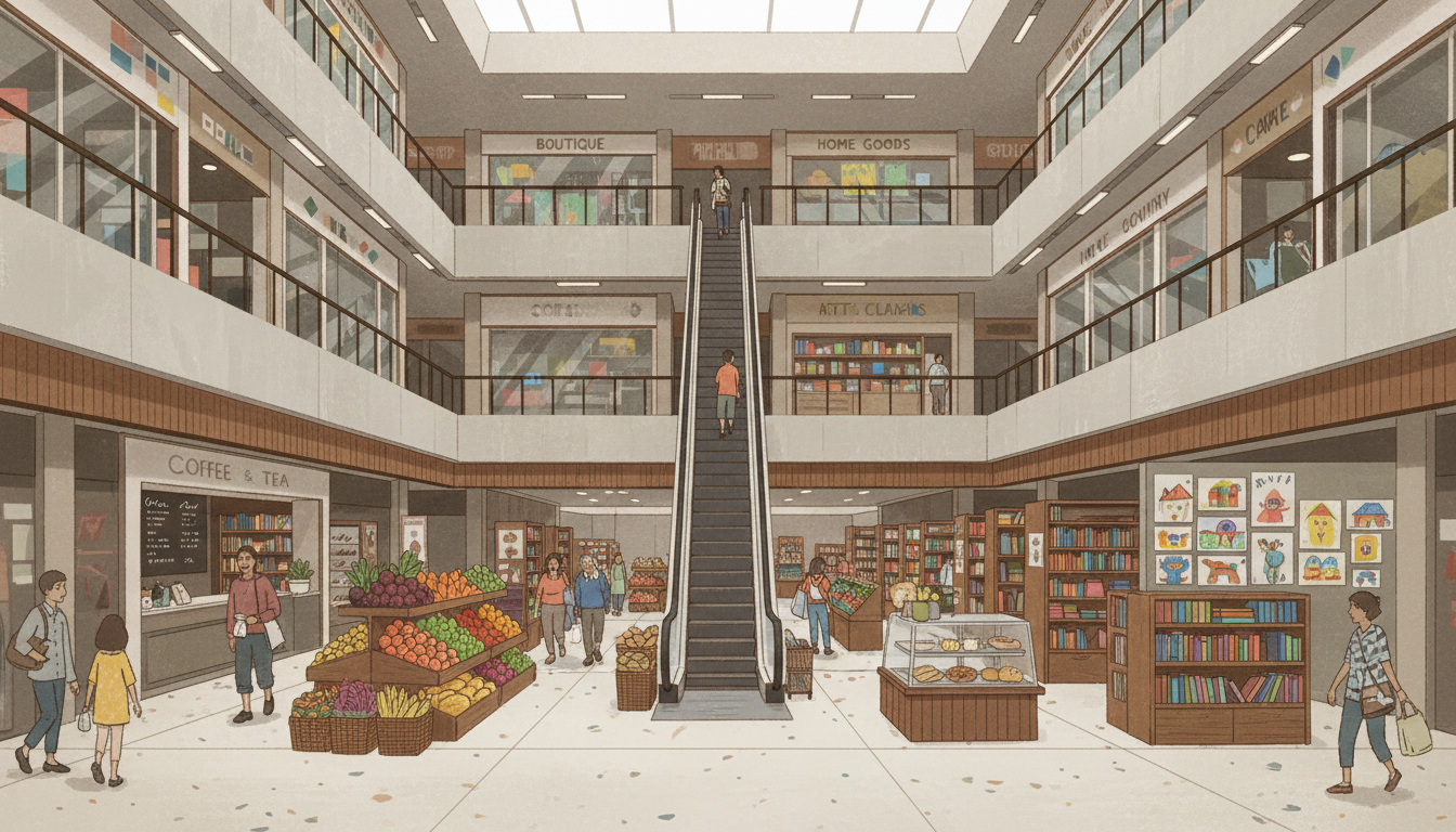 Conceptual illustration of a multi-level Singapore neighbourhood shopping centre with a supermarket, bookshop, small retail stores and art classes; not a photograph of Bukit Timah Plaza.