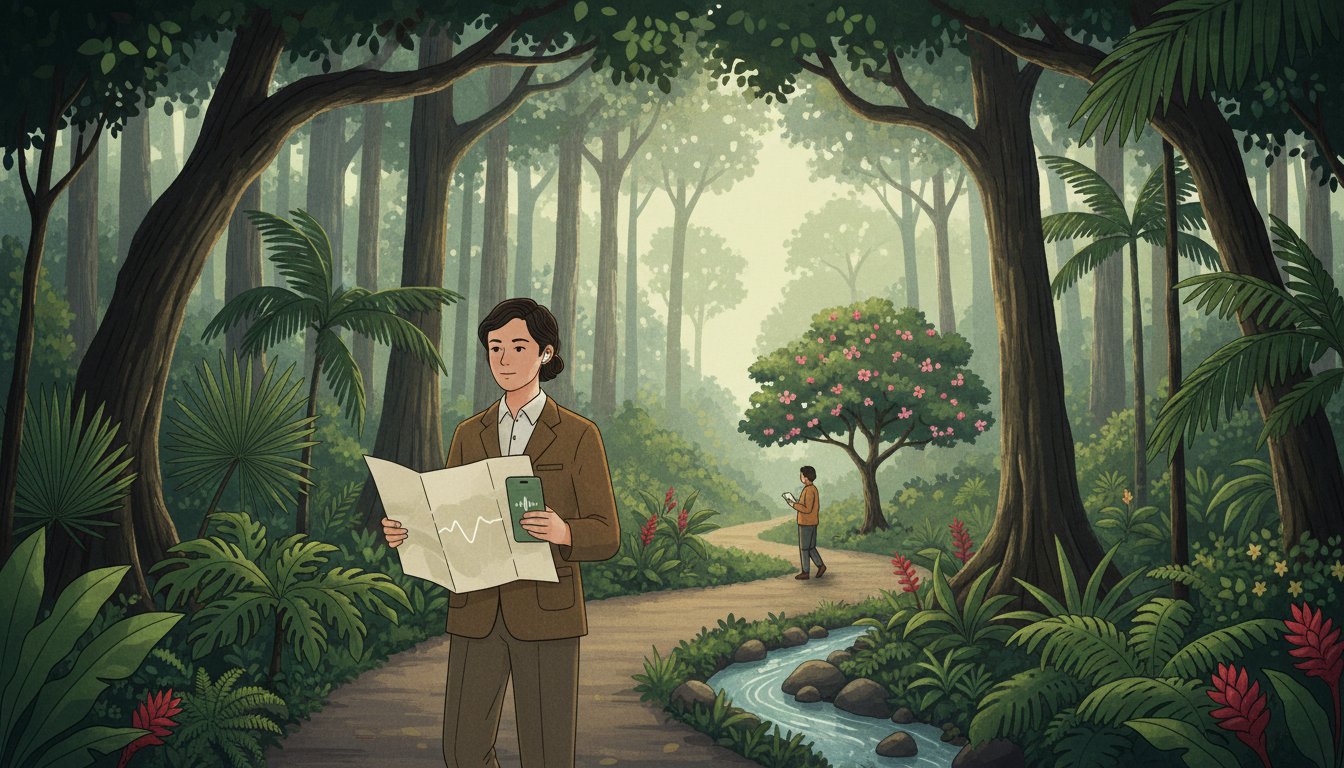 Original conceptual illustration of a person following a self-guided nature audio walk with earphones and a printed trail map in a tropical botanical garden; not an actual site photograph.
