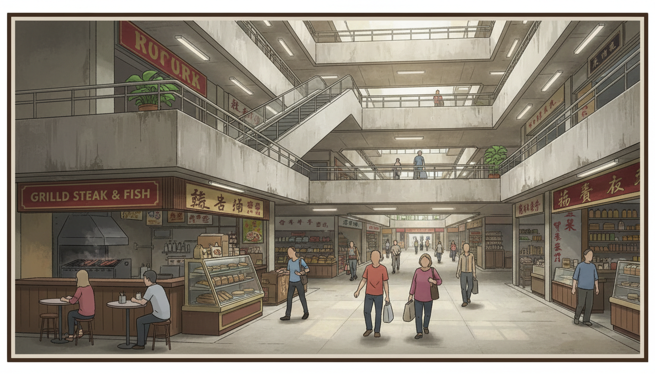 Concept illustration inspired by Bukit Timah Shopping Centre at Beauty World with a basement casual Western grill restaurant, independent shops and mall corridor; not an actual site photograph.
