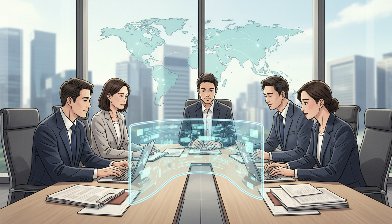 Editorial illustration of financial compliance professionals verifying tax-residency declarations and international account records securely.