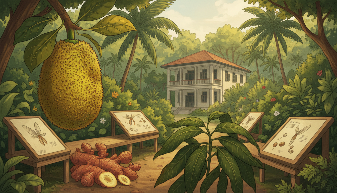 Original conceptual illustration of useful tropical plants, seed-dispersal forms and botanical exhibits inspired by the Centre for Ethnobotany and Seed Bank; not a site photograph.