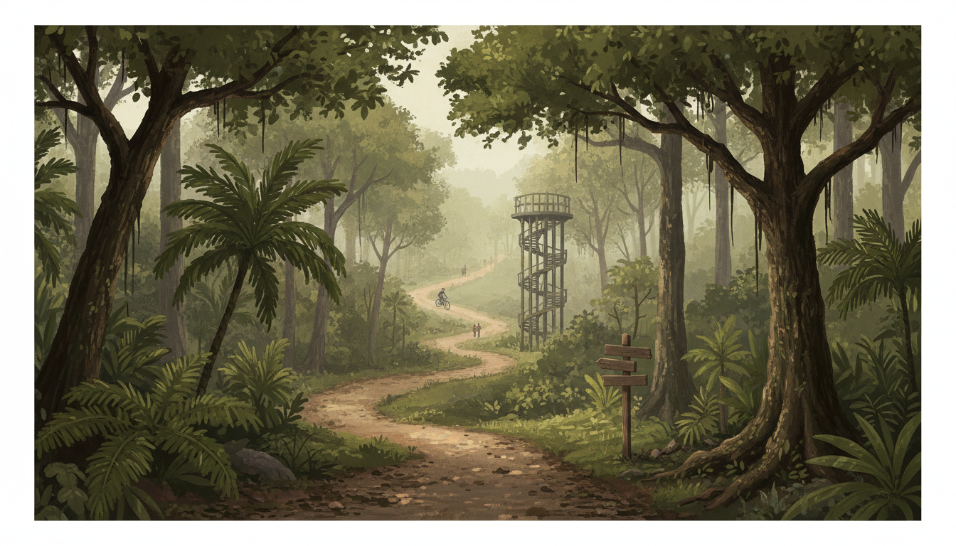 Original conceptual illustration inspired by Chestnut Nature Park: lush tropical trail, observation tower, separated hiker and bicycle paths. Not a real photograph.