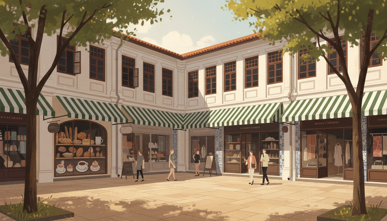 Original conceptual illustration inspired by the conserved two-storey Cluny Court shophouses, bakery and boutique windows near Botanic Gardens MRT; not a site photograph.