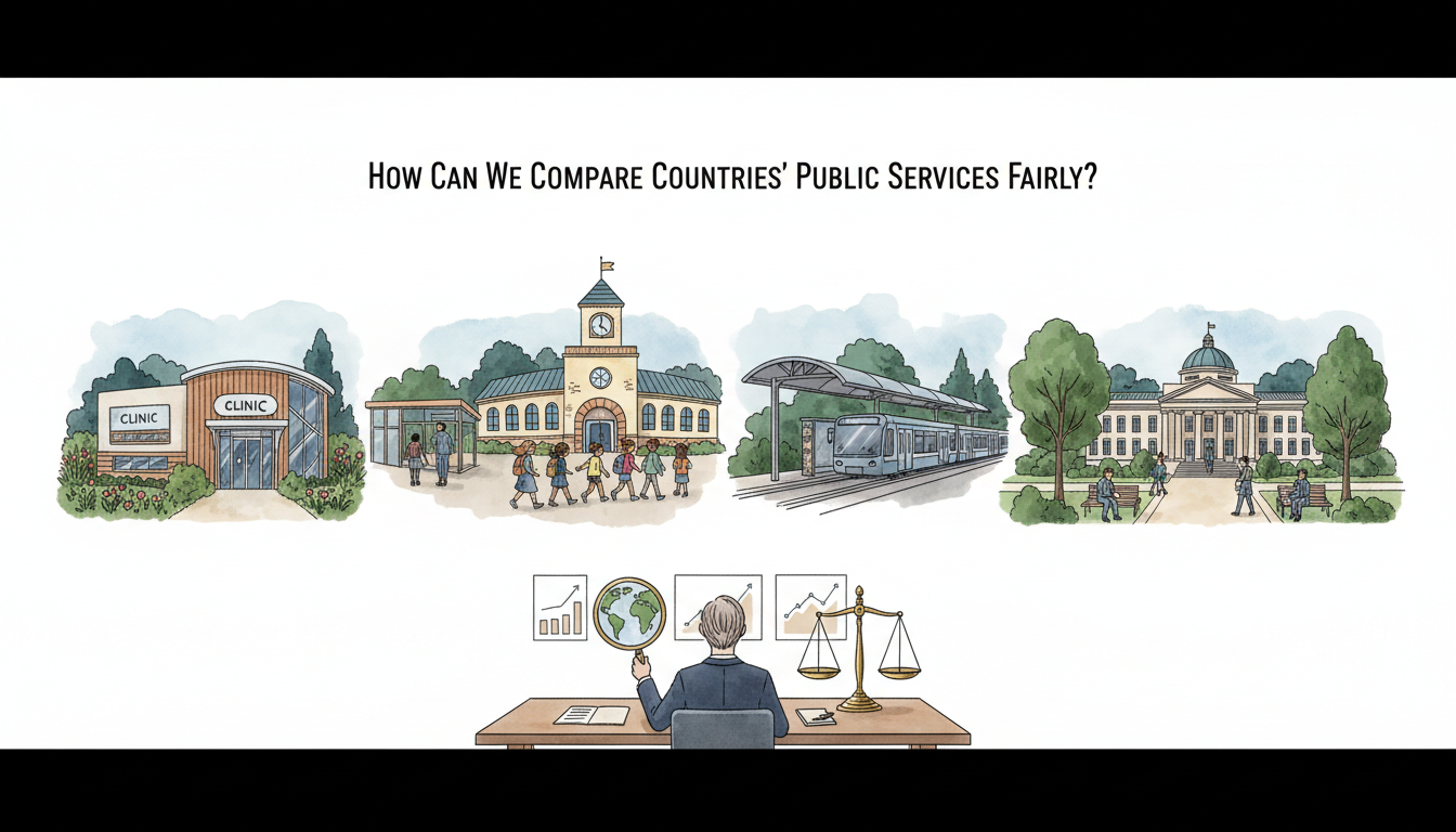 Original conceptual illustration of different cities, schools, hospitals and transit systems viewed alongside a balanced scale and analytical documents, representing fair public-service comparisons.
