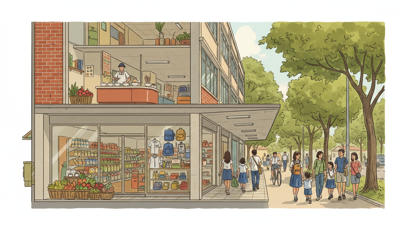 Conceptual illustration of a mature Bukit Timah neighbourhood shopping plaza with supermarket groceries, popiah, school supplies and local services; not an exact photograph of Coronation Plaza.