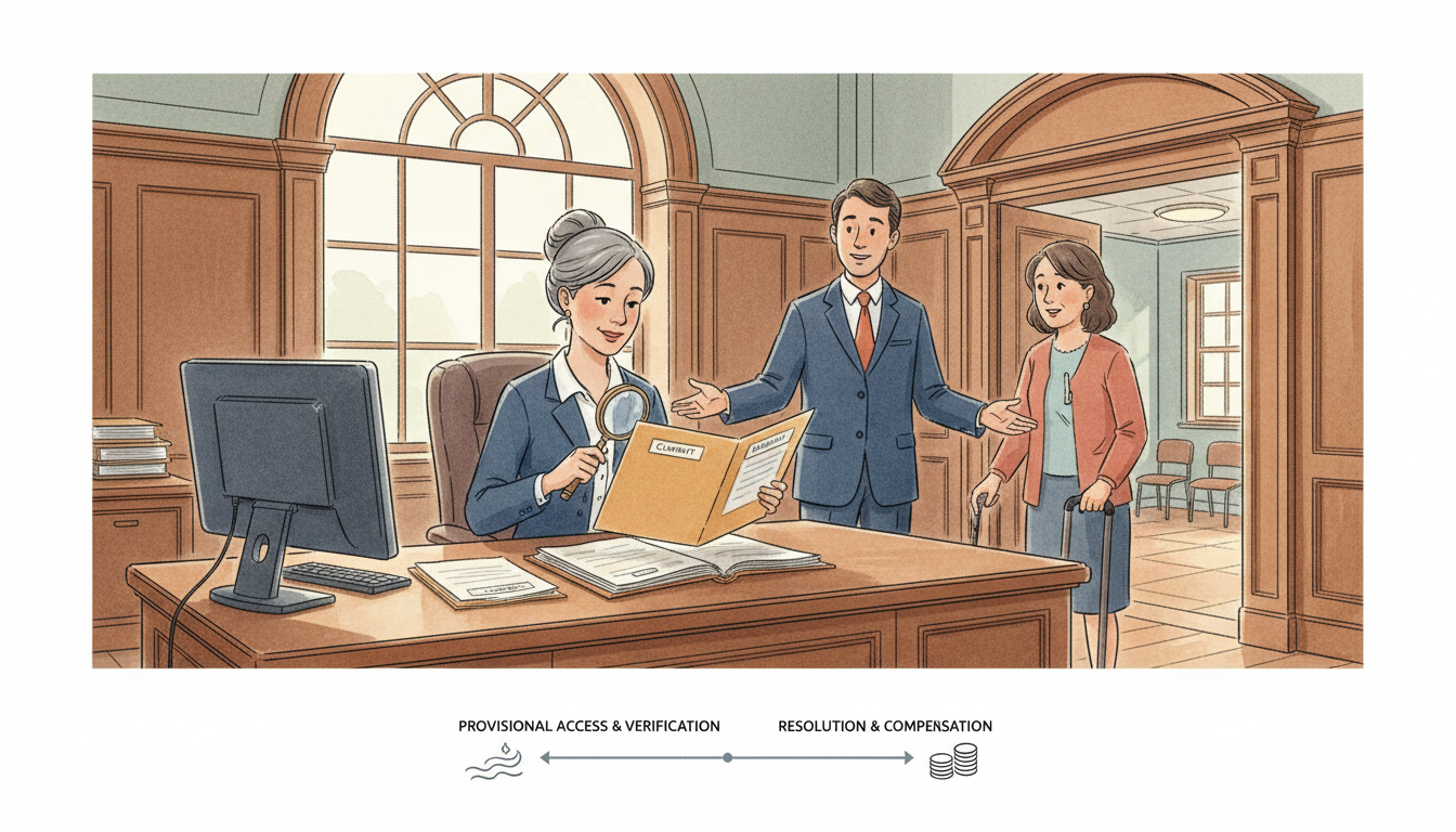 Original illustration of government staff comparing two mismatched records while another officer ensures a resident continues to receive an essential public service.