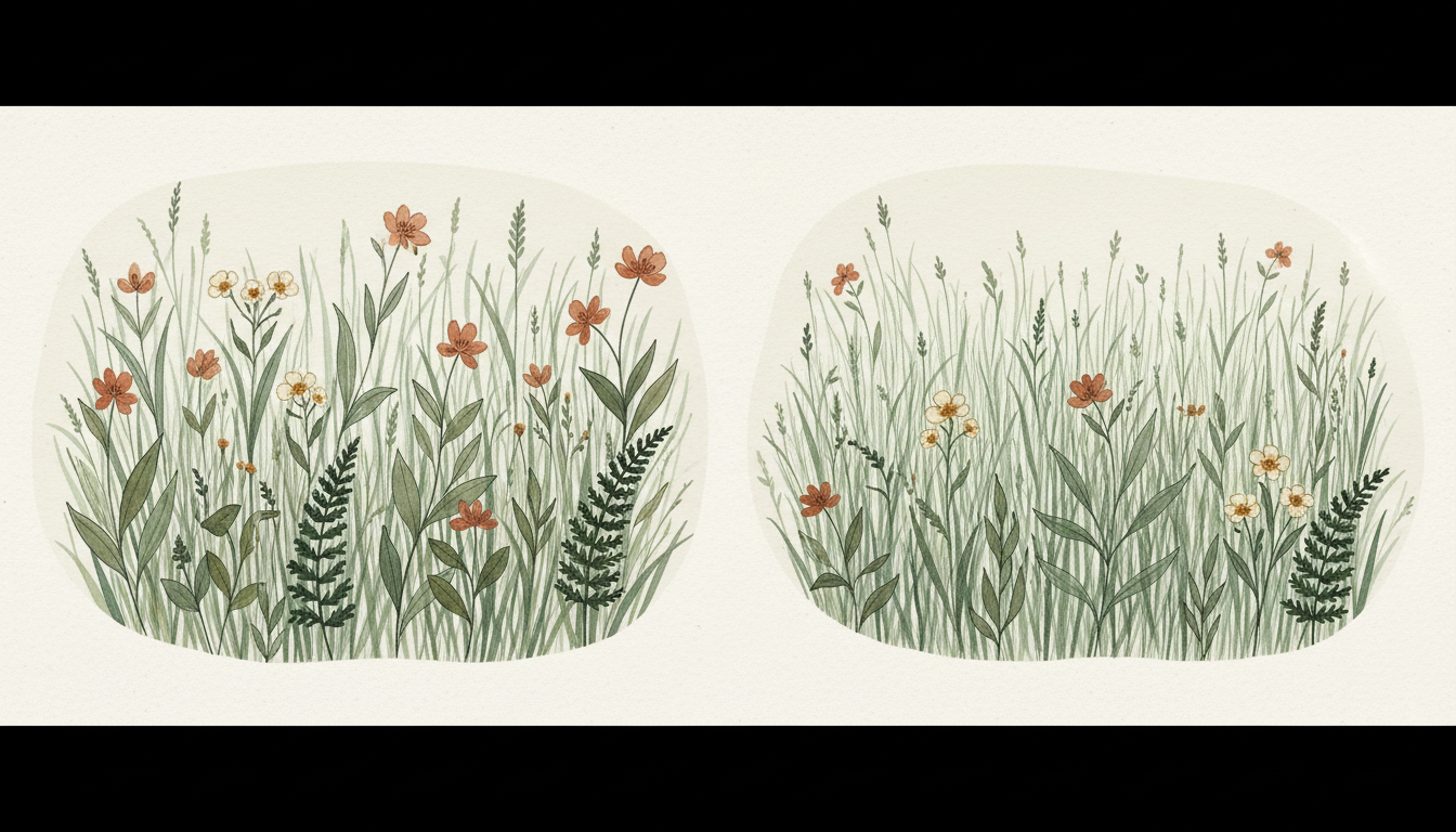 Original conceptual illustration of two communities with the same four species represented equally versus one dominant species, using four distinct plant forms.