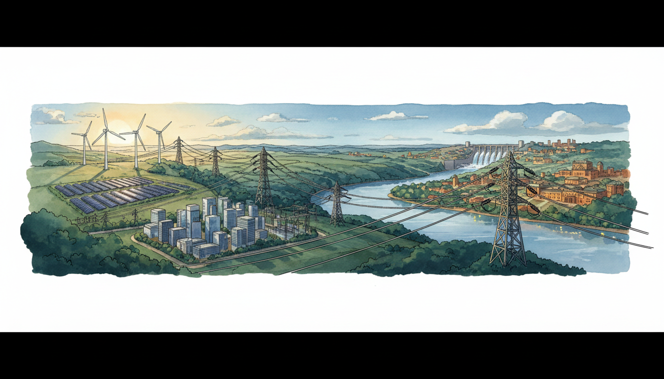 Original illustrative panorama of transmission lines connecting solar, wind and hydropower regions across national landscapes, depicting cross-border electricity trade; conceptual, not a specific real grid.