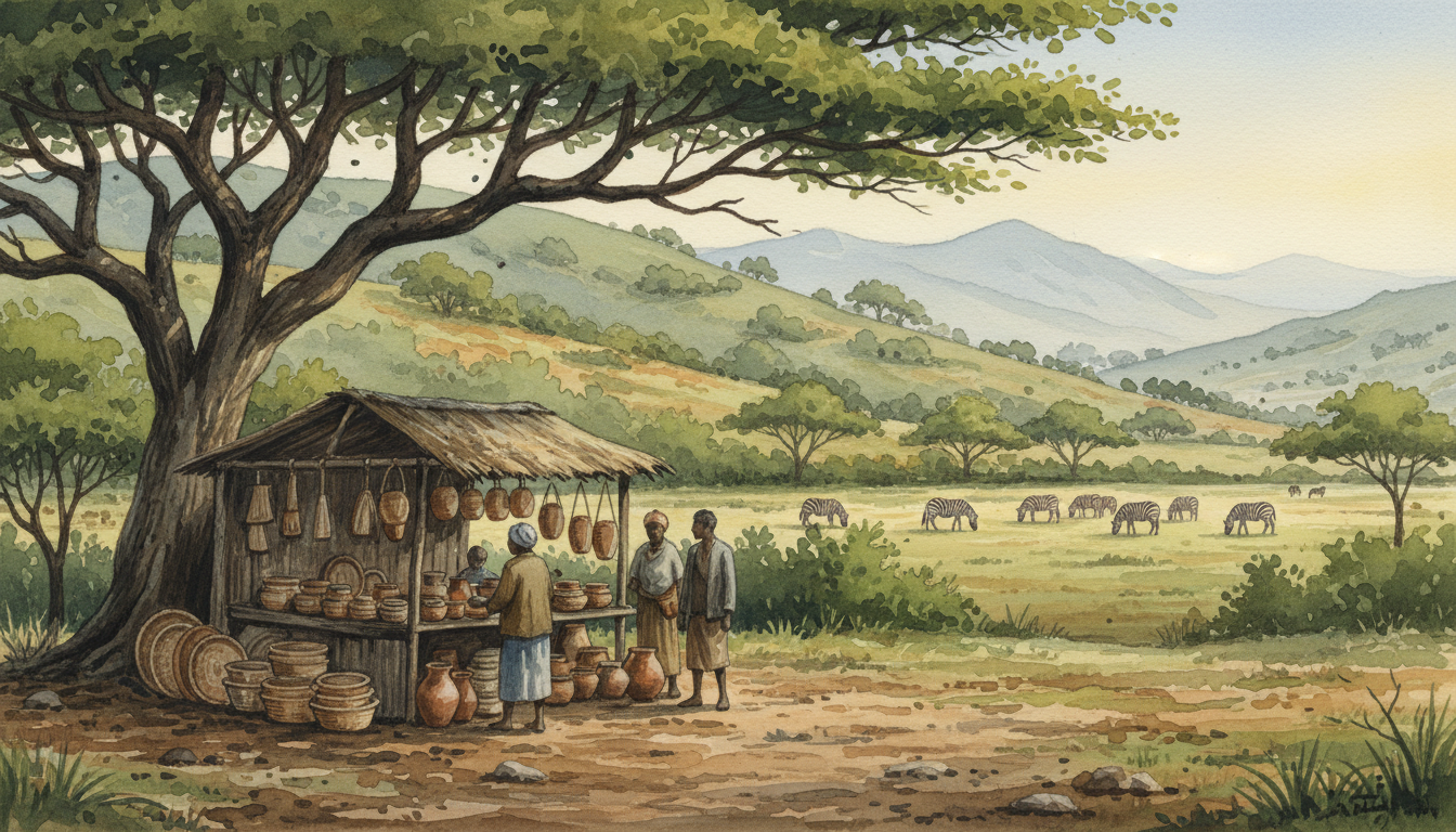 Original editorial illustration inspired by Eswatini's green Ezulwini Valley, rolling highlands, a small craft market and respectful wildlife viewing; not a photograph of a real scene.
