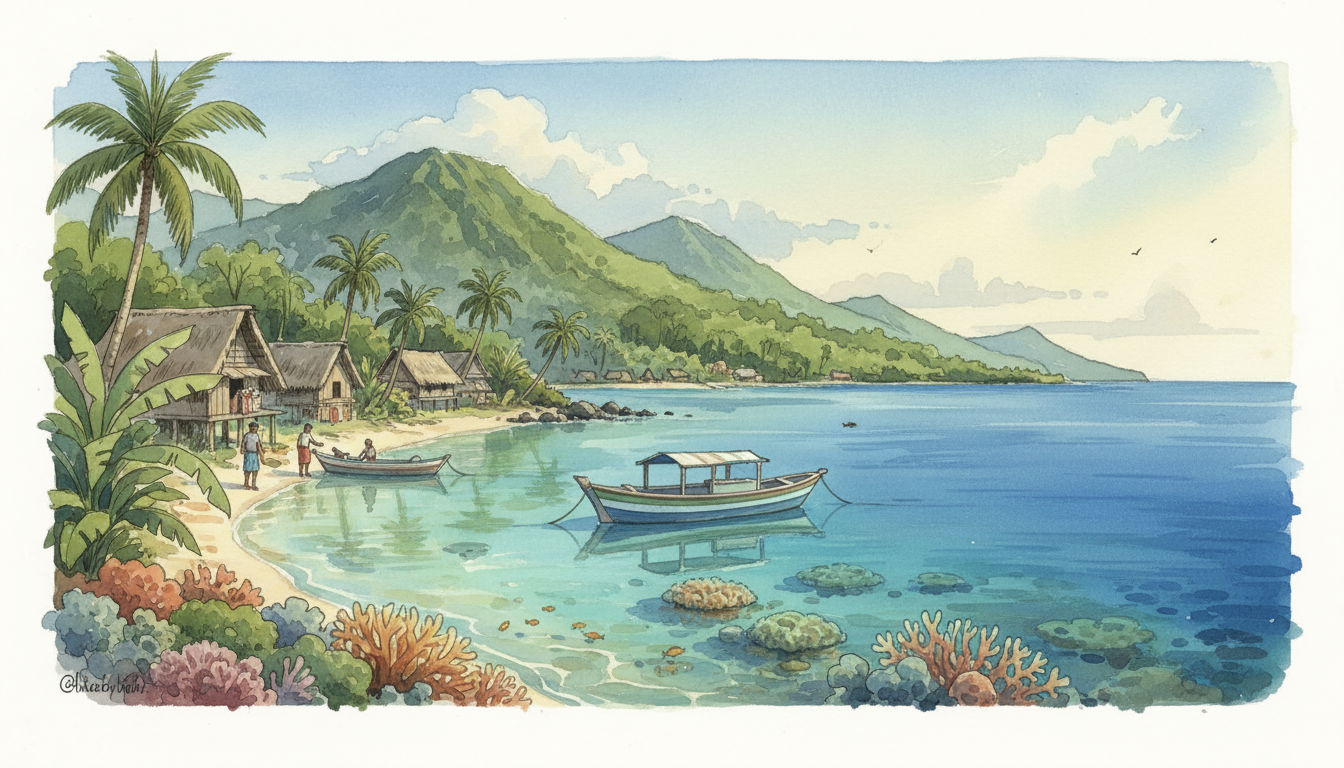 Original conceptual travel illustration inspired by Fiji's coastal villages, coral reef lagoon, small boats and tropical forest; not a photograph of a particular island.