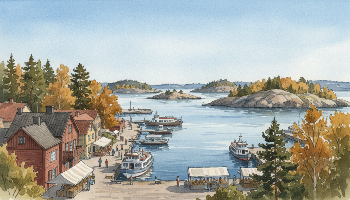Original editorial illustration inspired by Finland's harbourfront, wooden buildings, forest and lake landscapes; not a photograph of an identified place.