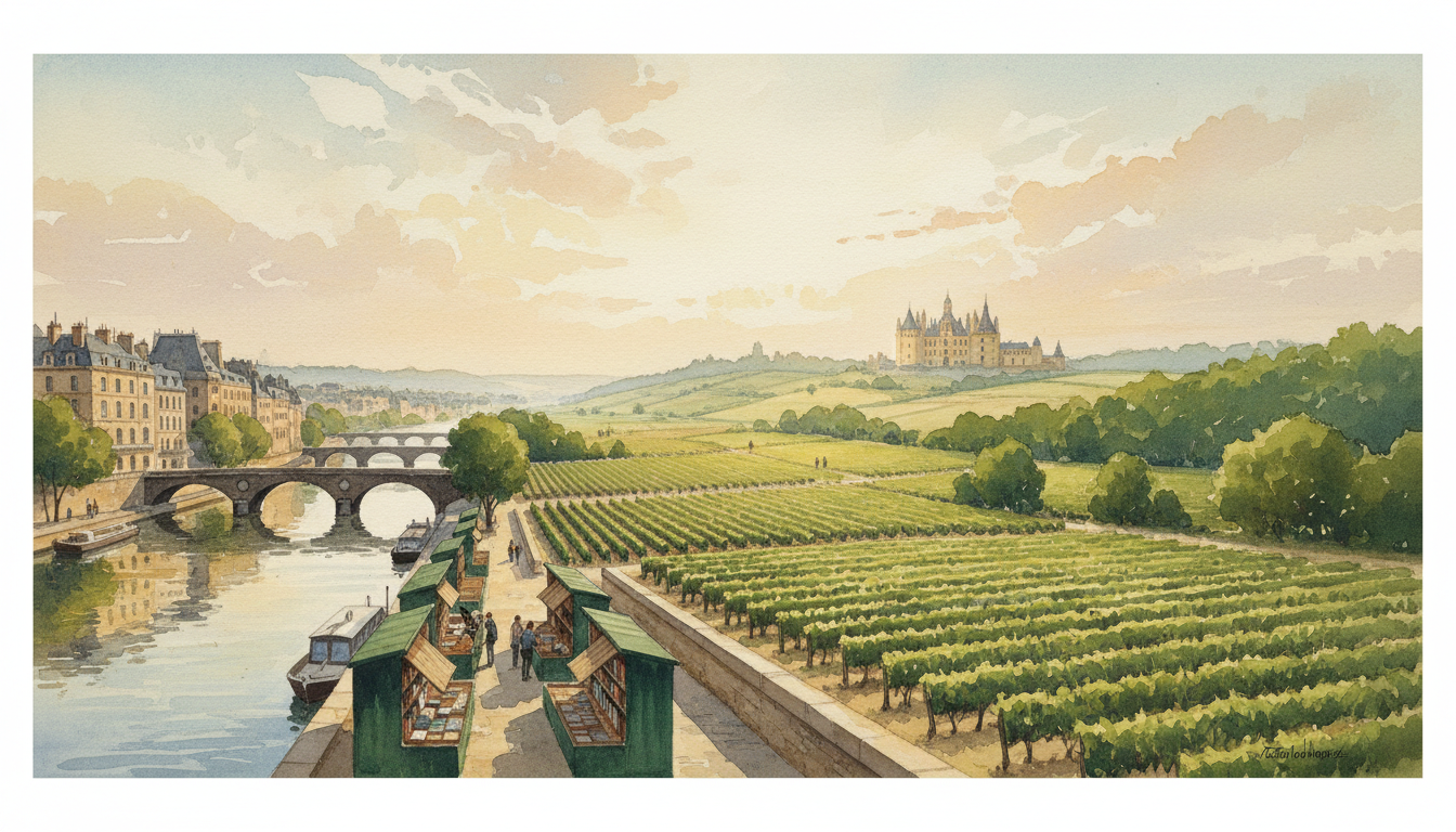 Original illustrative montage inspired by Parisian riverside architecture, a Loire Valley château and French countryside; not a photograph of any one location.