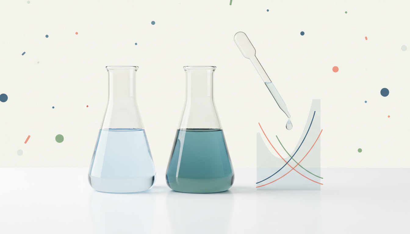 Original conceptual chemistry illustration of two equal-pH weak-acid buffer beakers at different reagent concentrations and their unequal response to a small acid addition.