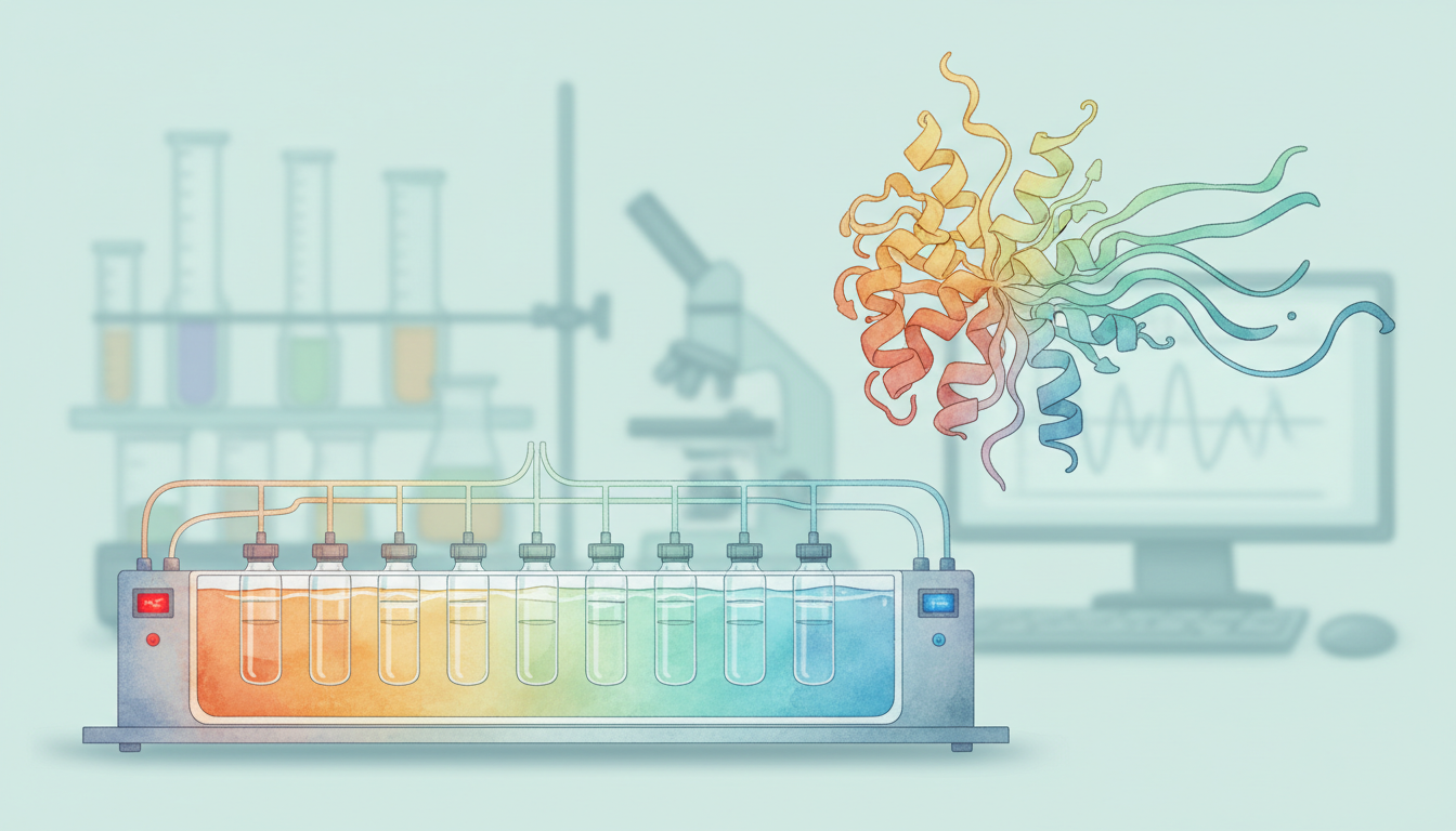Conceptual illustration of enzyme activity testing at different temperatures beside a folded and partly unfolded protein.