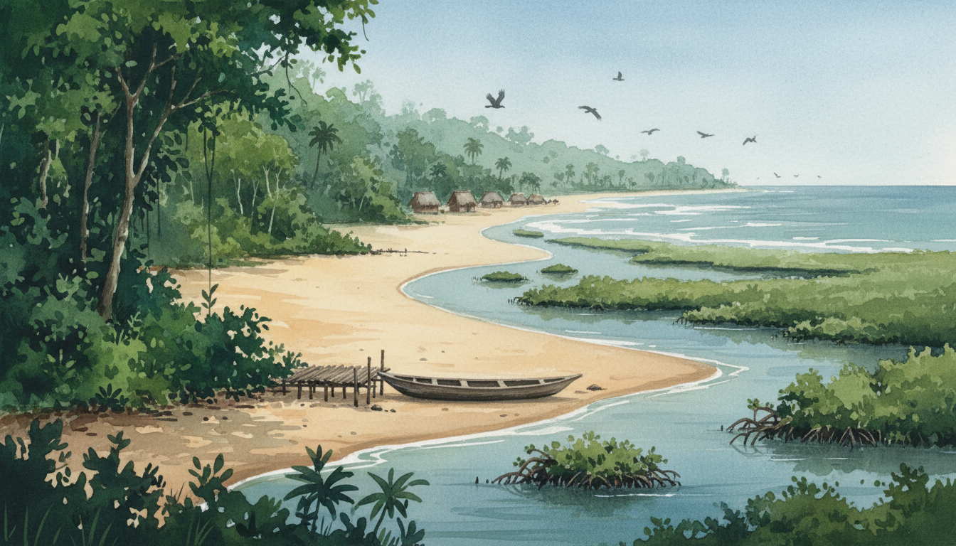 Original nonliteral illustration inspired by Gabon's Atlantic rainforest coast, mangrove estuary and protected wildlife habitat; not a photograph of a real location.