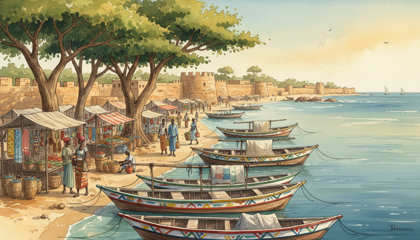 Original conceptual illustration of coastal Ghana with a lively working harbour, green trees and craft market; not a photograph of an identified place.