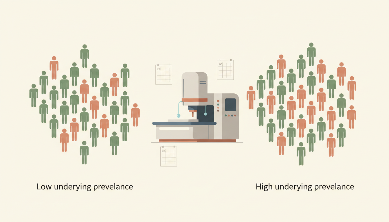 Original conceptual public-health illustration of two groups of people representing different population prevalence while the same test apparatus is shown in the centre.