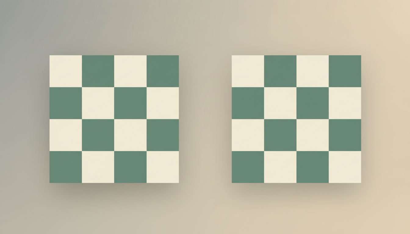 Original mathematical editorial illustration of two grids with the same numbers of light and dark cells arranged in checkerboard and grouped-block patterns.
