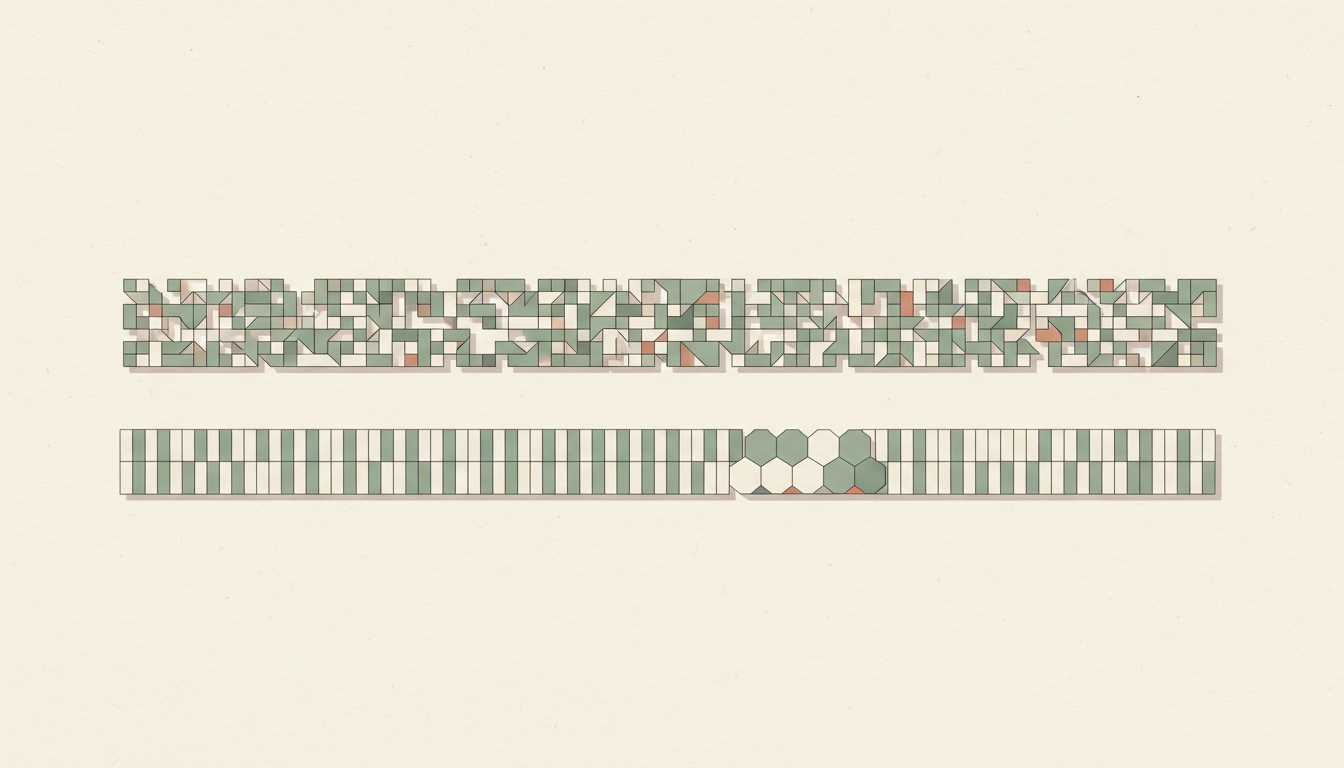 Original editorial illustration comparing scattered independent binary symbols with long runs of repeating binary symbols, arranged as two abstract rows without labels.