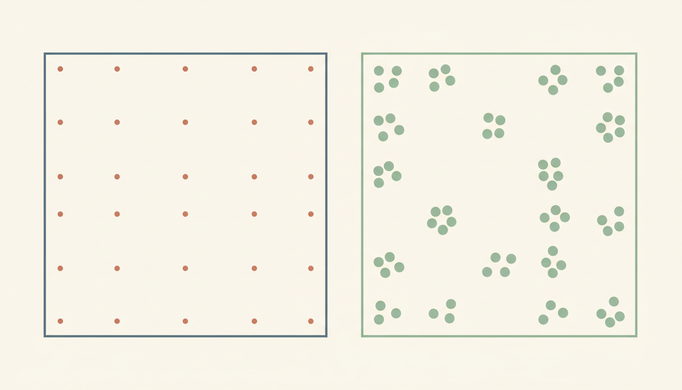 Original conceptual editorial illustration comparing dispersed independent survey observations with observations clustered into twenty small groups.