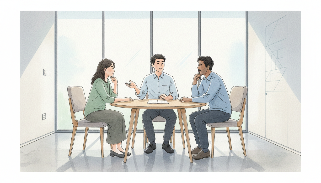 Original illustrative community mediation scene showing two neighbours and an impartial mediator in an accessible, private meeting room; not an actual mediation session.
