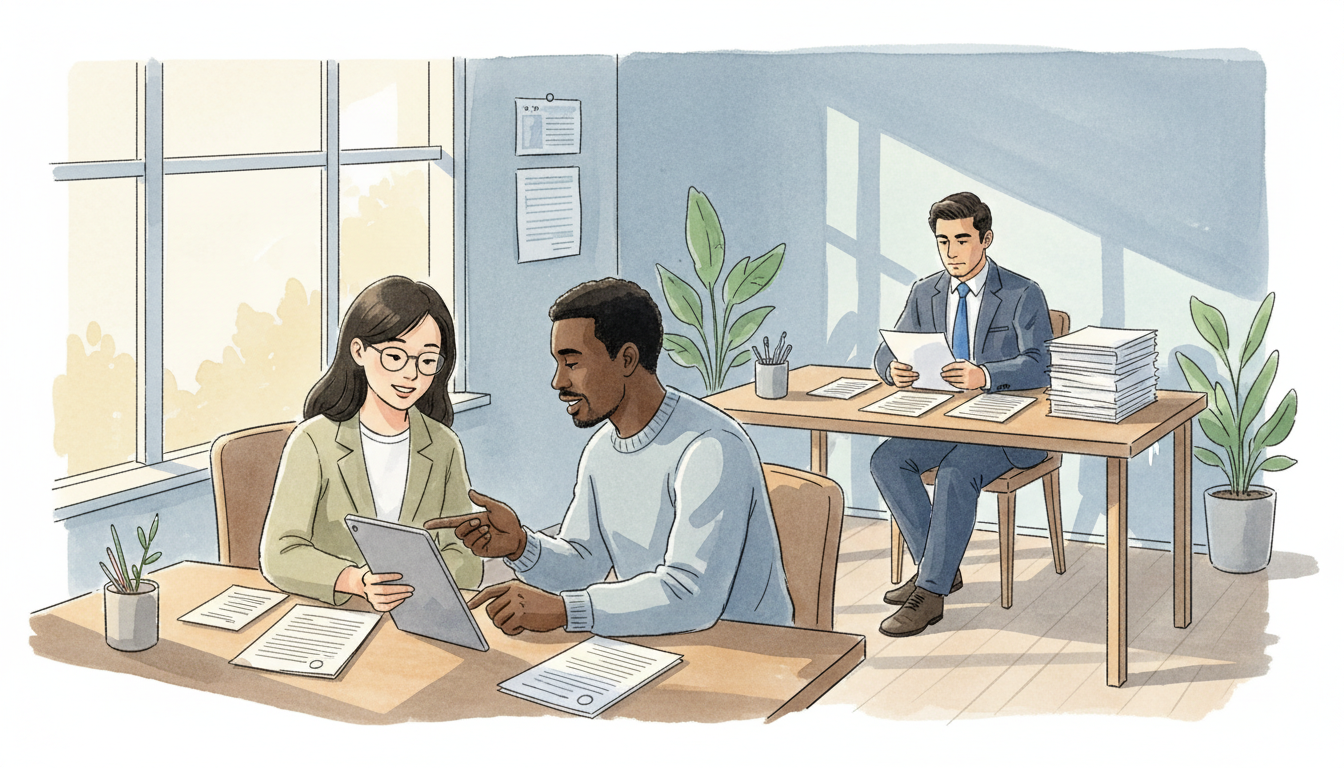 Original symbolic illustration showing an adult applicant at a legal-aid intake counter with separate means documentation and lawyer case review; no actual client depicted.