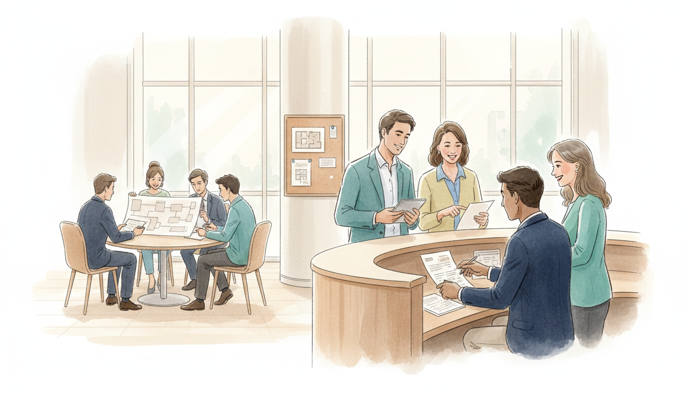Original illustrative civic research scene with government staff testing a public-service application, observing user feedback and reviewing neutral charts before nationwide rollout.
