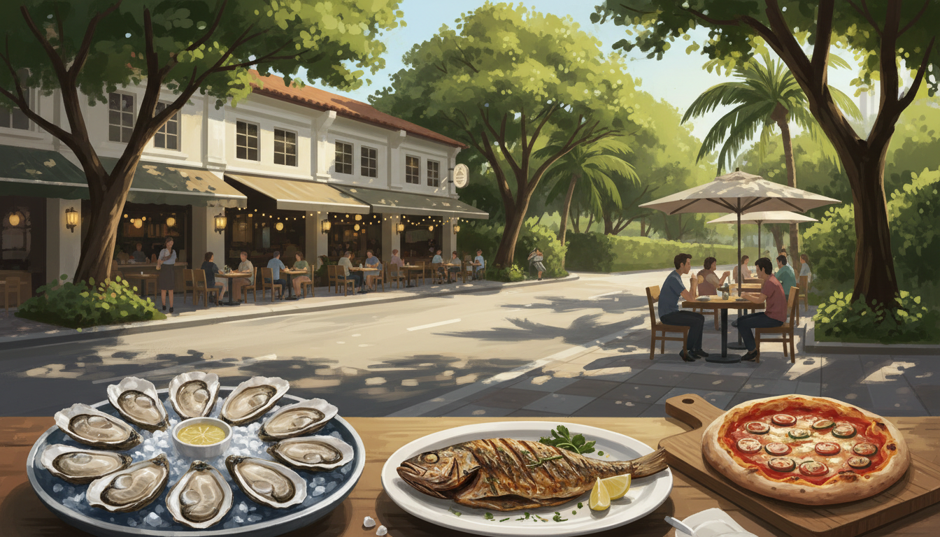 Original conceptual travel illustration inspired by Greenwood Avenue's green neighbourhood dining row, seafood restaurant, pizzeria and bakery; not a photograph of actual storefronts.