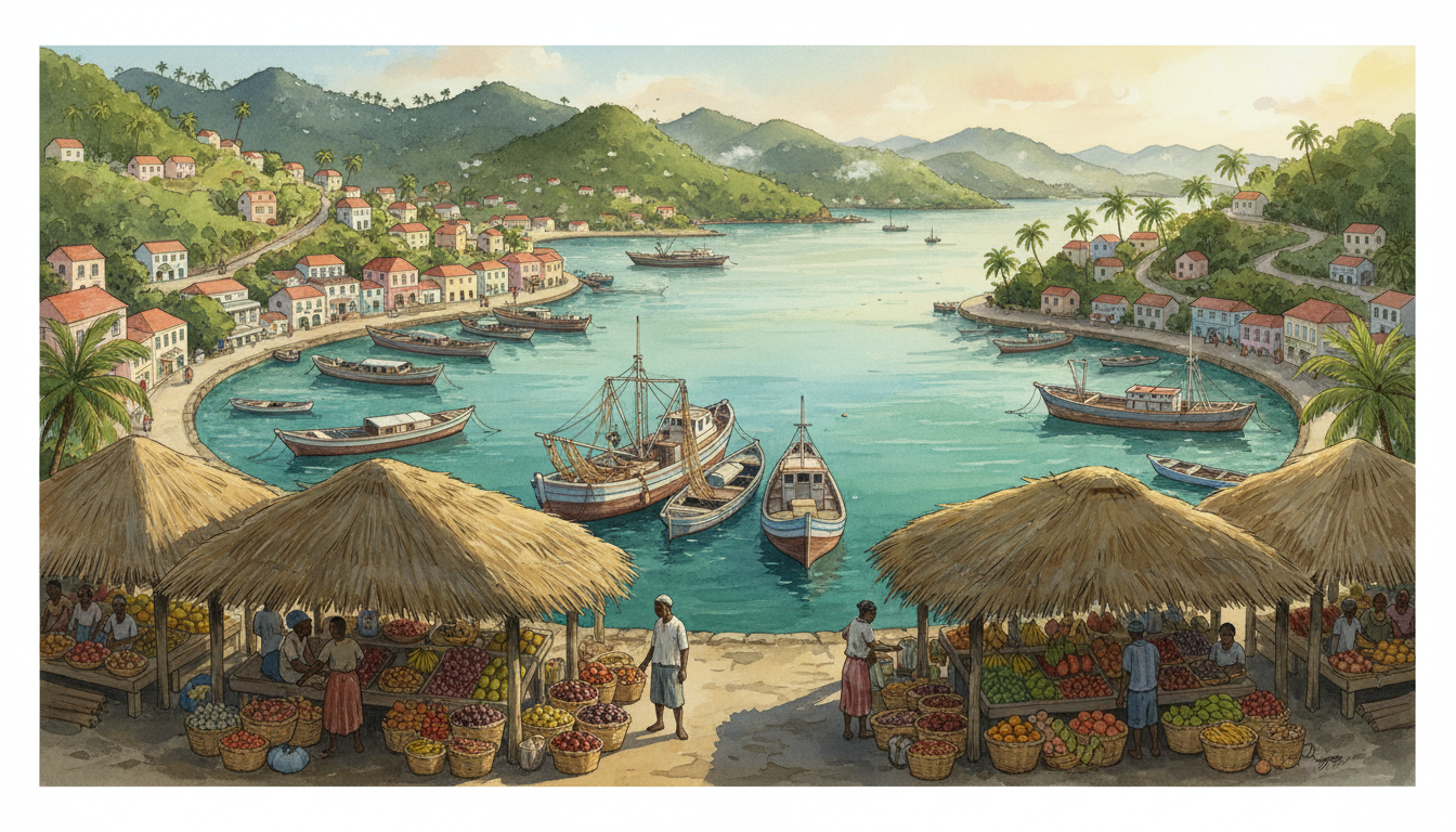 Original conceptual illustration inspired by Grenada's St George's harbour, rainforest hills, spice trees and Caribbean seascape; not a photograph of a particular place.
