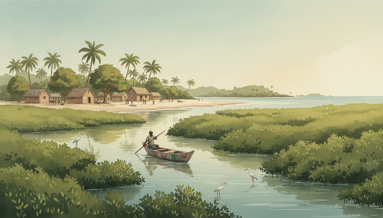 Original conceptual coastal illustration inspired by Guinea-Bissau's Bijagós mangrove islands, fishing boats and low-lying Atlantic shores; not a photograph of a particular island.