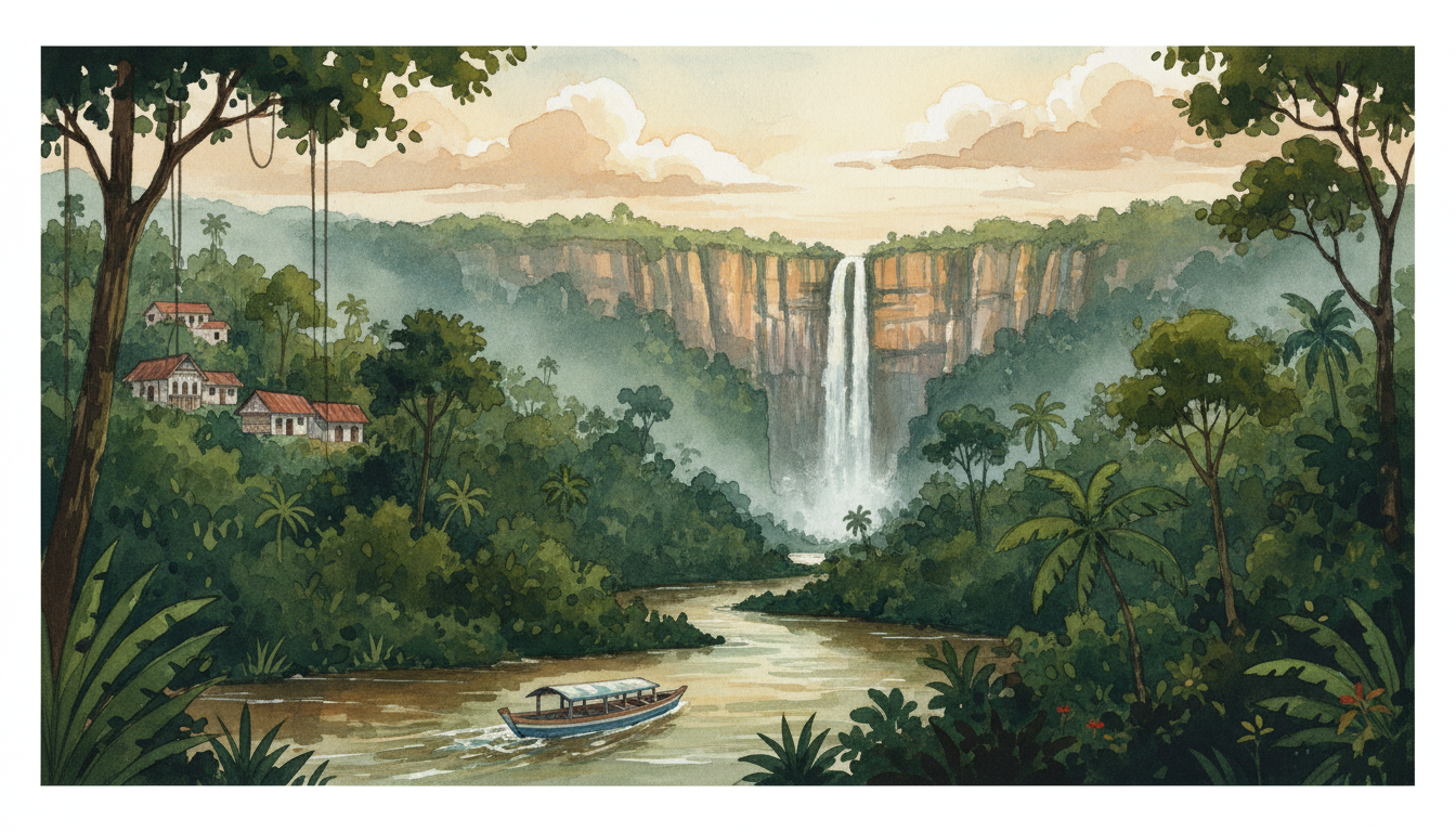 Original composite illustration inspired by Guyana's rainforest rivers, giant waterfalls and Georgetown's wooden streets; not a photograph of a particular site.