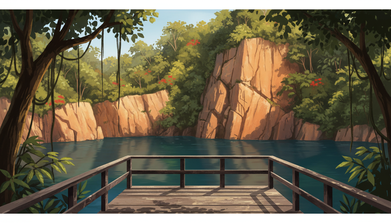 Original conceptual illustration inspired by Hindhede Quarry lookout and lush tropical nature in Bukit Timah; not an actual site photograph.