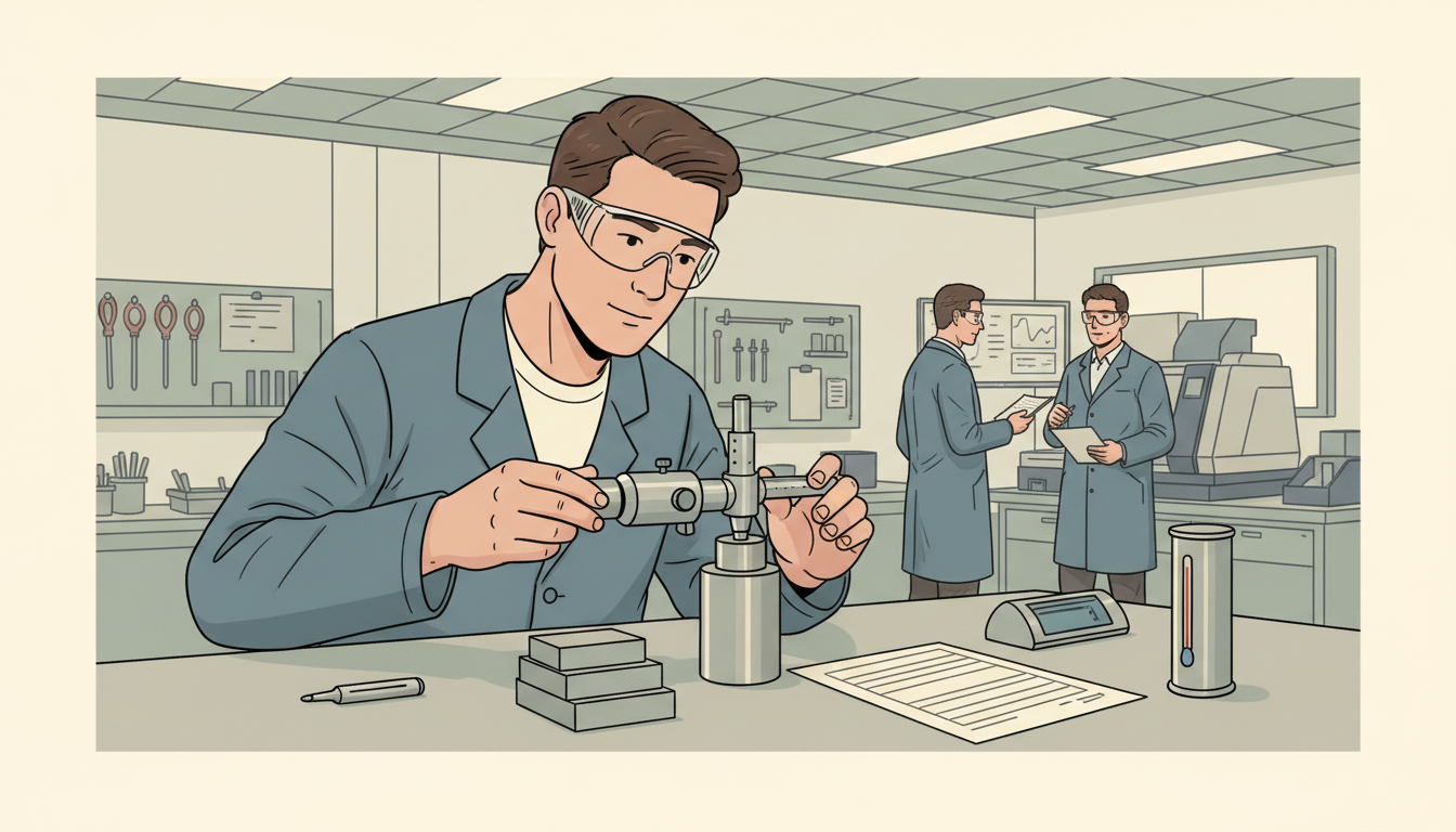Conceptual editorial illustration of a technician comparing a part with a micrometer and a calibrated gauge in an organised manufacturing laboratory.