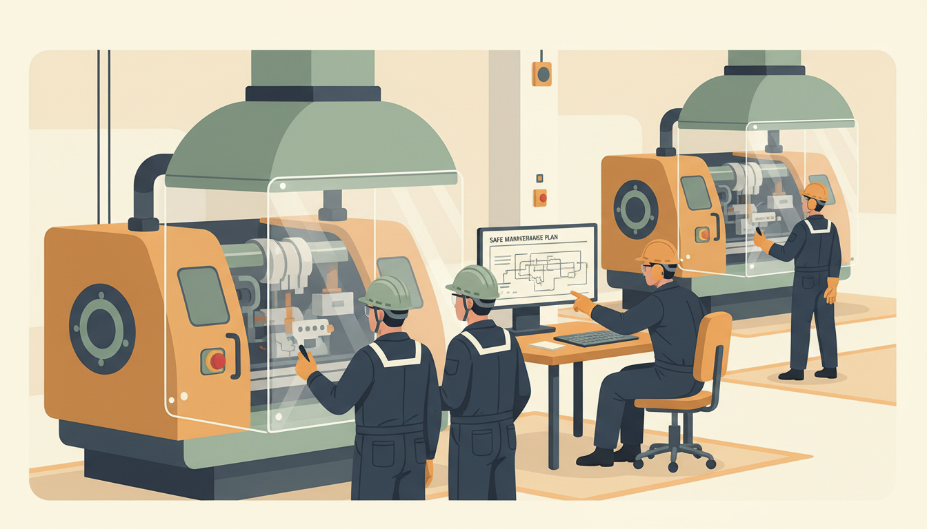 Original conceptual illustration of workers reviewing a machine guard and an industrial hazard-control plan in a clean, supervised production facility.