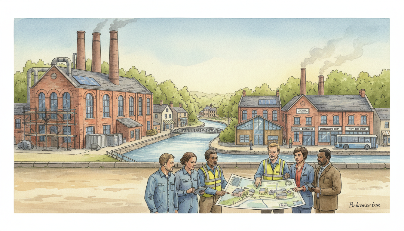 Original conceptual illustration of workers transitioning from a closing industrial plant to training, small businesses and new employment opportunities in their town.