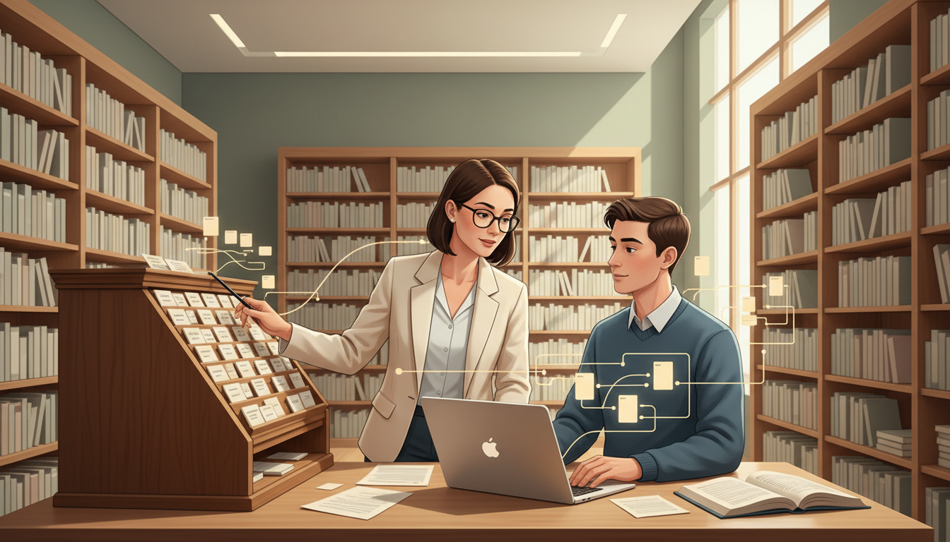 Original illustration of students and information scientists comparing a library catalogue, search results and a structured document collection.