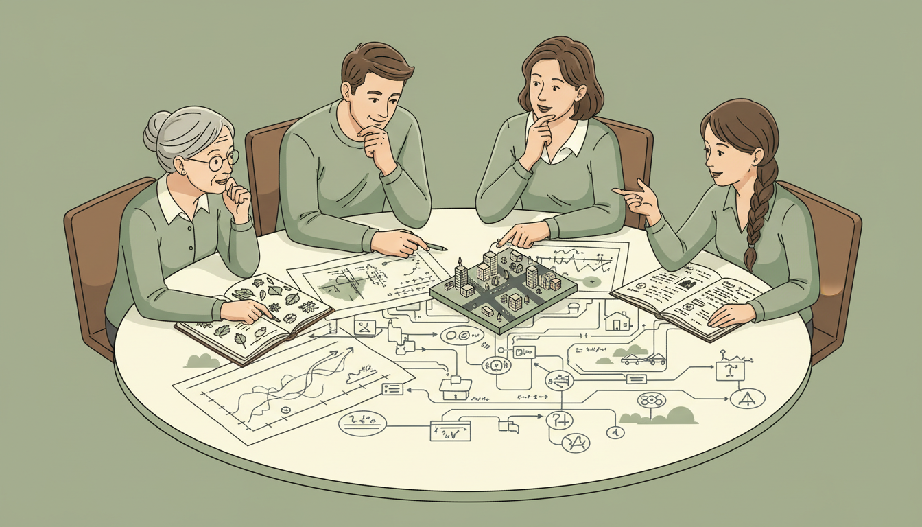 Original editorial illustration of researchers integrating ecology, mathematics, social observation and urban design evidence around a table.