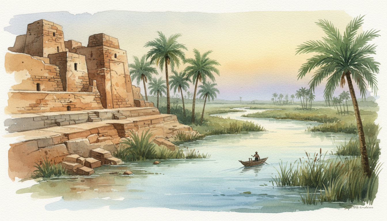 Original nonliteral heritage-study illustration inspired by Mesopotamian brick architecture, the Tigris–Euphrates river systems and Iraq's southern marshes; not a photograph or current travel-safety indication.