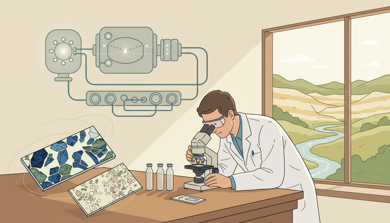 Original conceptual illustration of rock mineral samples, labelled only by colour, laboratory mass spectrometry and an earth-science field landscape.