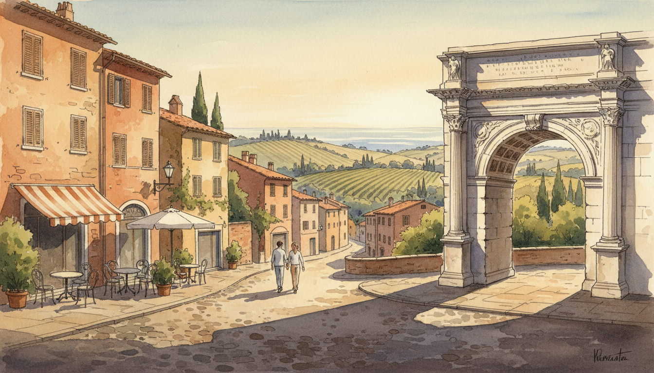 Original nonliteral travel illustration inspired by Italian historic streets, Roman architectural heritage, hillside vineyards and Mediterranean coast; not a photograph of a particular place.